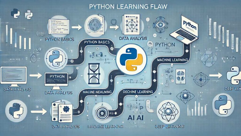 Python学習の流れを示すフローチャート。Pythonの基礎からAI開発までのステップを視覚的に説明