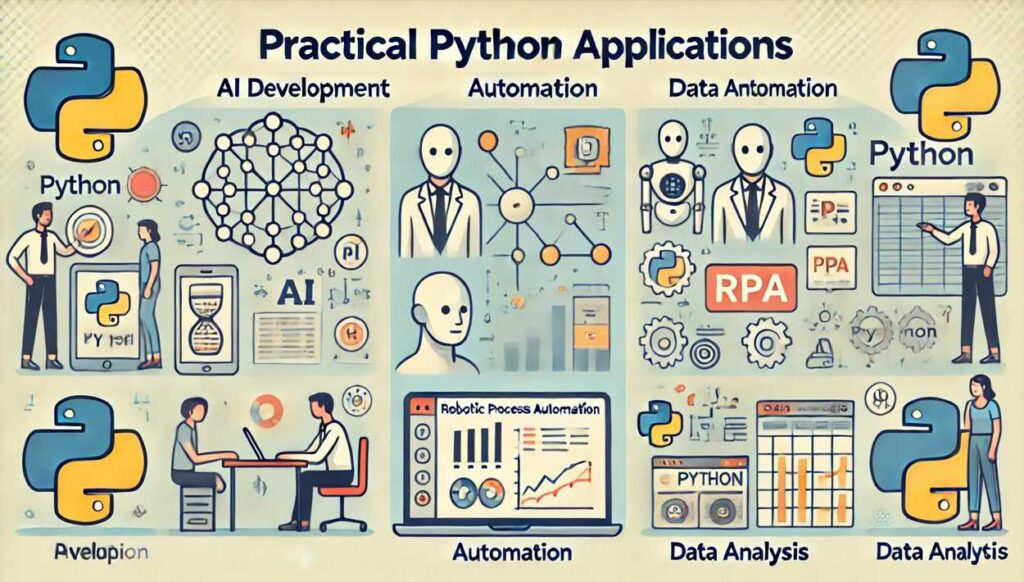 Pythonの活用例を示す図。AI開発、業務自動化、データ分析の3つの主要分野を視覚的に解説