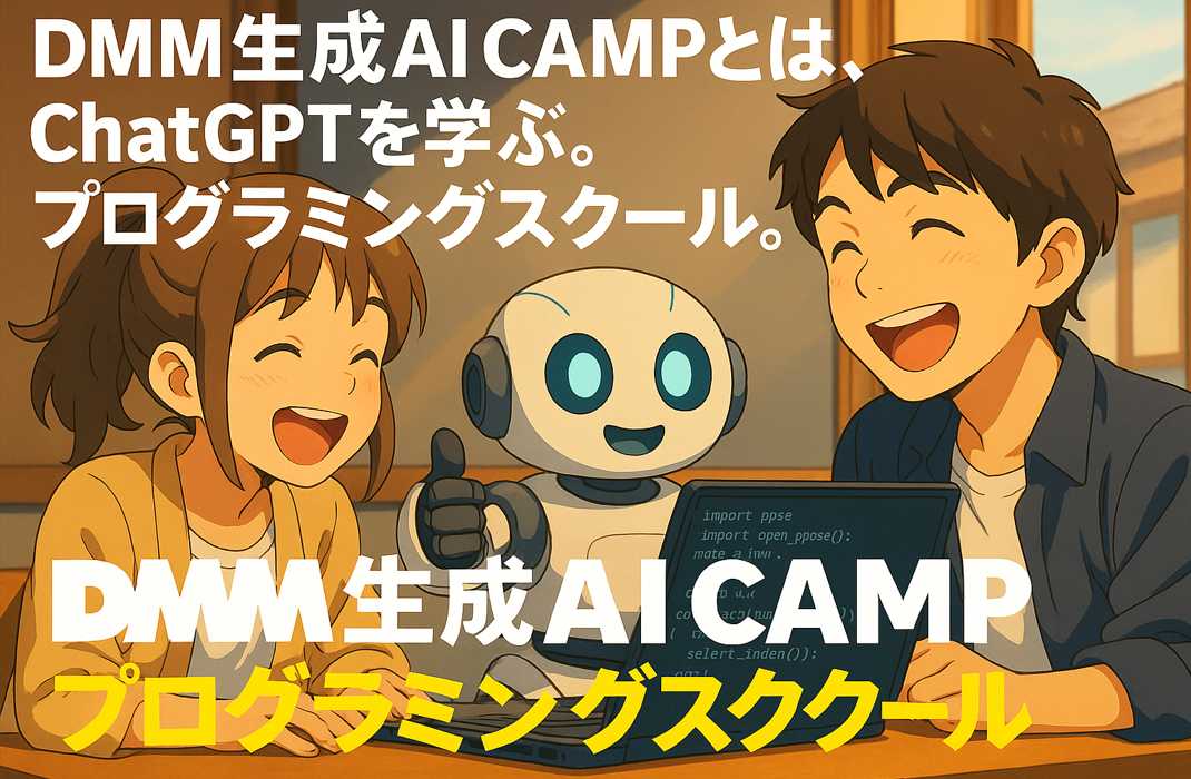 男女2人の学生とロボットが楽しそうにChatGPTを使って学習している様子。明るい教室で笑顔を交わしながら、プログラミングを共同で行っている。