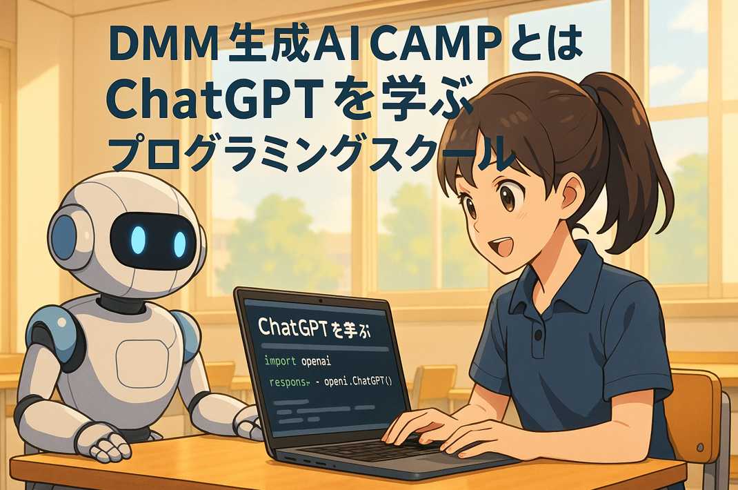 教室でChatGPTについて学ぶ女の子とロボット。ノートパソコンの画面にはChatGPTのコードが表示されている。