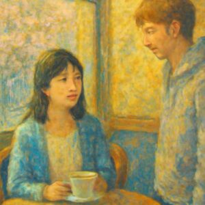 春の朝、カフェの窓際に座るハルがコーヒーカップを手にぼんやり外を眺めている。そこへ、茶髪の青年・壮太が優しい笑顔で「相席いいですか?」と声をかけているシーン。