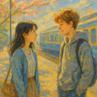 春の光あふれるホームで向かい合うハルと壮太。ハルは夢を語り、壮太はやさしく微笑みながら未来への約束を交わしている。背景には青い電車と満開の桜。