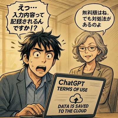 ノビオが「入力内容がクラウドに記録される」と知って驚いている様子。マツ姐が冷静に説明している。