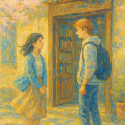 春風に吹かれながら、小さな本屋の前で向き合うハルと壮太。ハルは控えめに手を重ね、壮太はリュックを背負いながら微笑んでいる。背景には桜の花びらと木造の古びた扉。