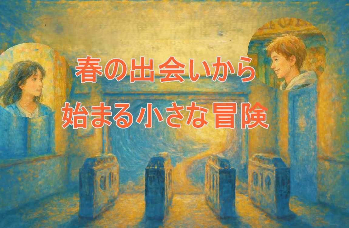 改札口の向こうに光が広がる春の駅舎。左右にハルと壮太が微笑み合い、中央には「春の出会いから始まる小さな冒険」という赤いタイトルが描かれている。