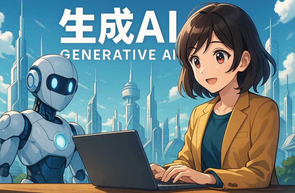 未来都市を背景に、ノートパソコンで作業する女性とAIロボットのアニメイラスト