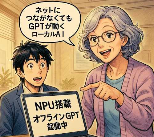 マツ姐が「ネットにつながなくてもGPTが動く」と説明し、NPU搭載PCをノビオに見せている様子。