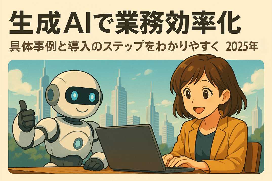 未来都市を背景に、ノートパソコンを使ってロボットと共に仕事をする女性のアニメ風イラスト。「生成AIで業務効率化」というタイトルが中央に配置されている。