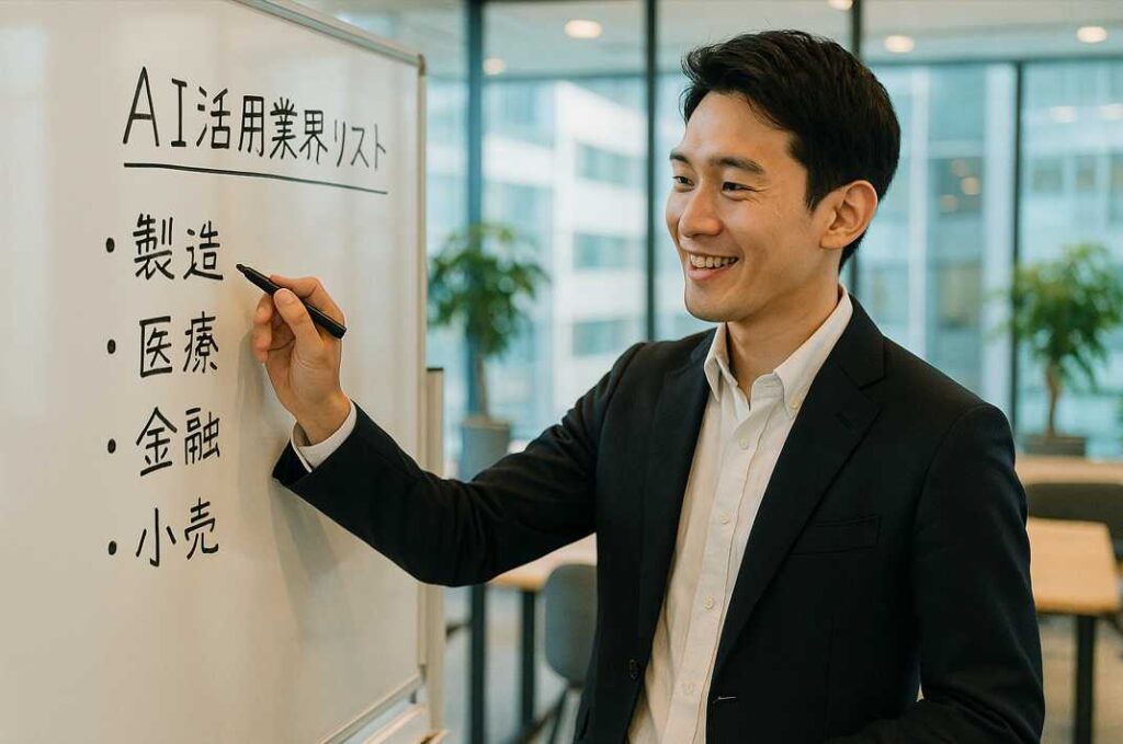 昼下がりの明るいオフィスで、若い日本人男性がホワイトボードに「AI活用業界リスト」として業界名を書き出している様子。