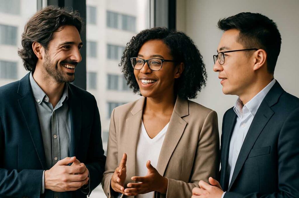 オフィスで会話を交わす3人のビジネスパーソン。キャリア構築について意見交換している様子