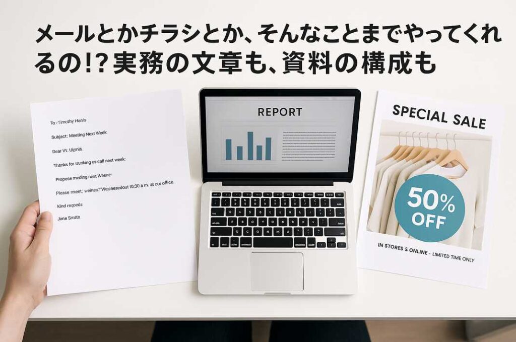 ビジネス用メール文やチラシ、レポートをAIが作成した様子を写したデスク上の風景。白い机の上にはノートパソコンと、印刷された資料が広がり、AIの多機能性が視覚的に伝わる。