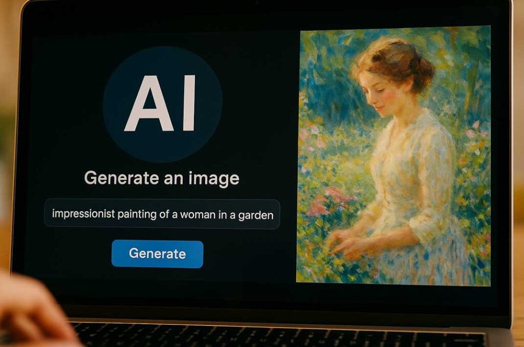 パソコンの画面に画像生成AIのUIが表示され、印象派風の女性の絵画がリアルタイムで生成されている様子