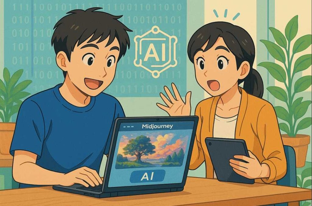 Midjourneyで画像生成を行う男女のアニメ風イラスト(生成AIツール活用シーン)