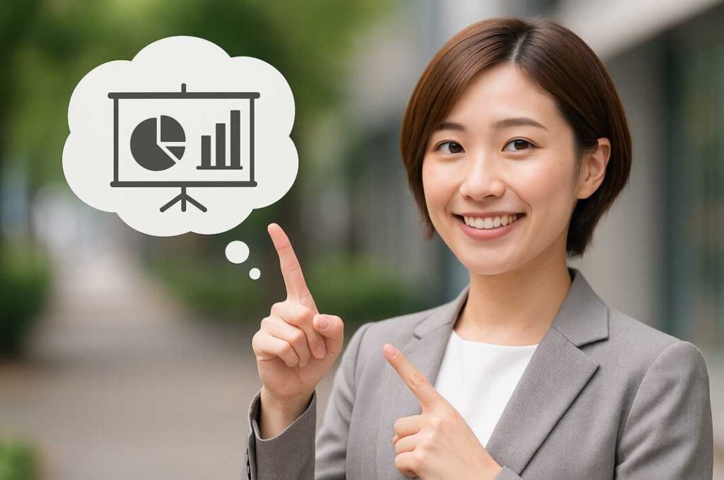 ビジネススーツ姿の若い女性が笑顔で指をさしながら、プレゼン資料のアイデアが頭に浮かんだ瞬間を表現。吹き出しにプレゼン用のグラフが描かれている。