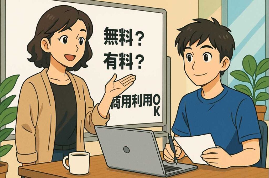 生成AIツールの選び方を解説する女性と聞き入る青年のイラスト(DMM AI CAMP)