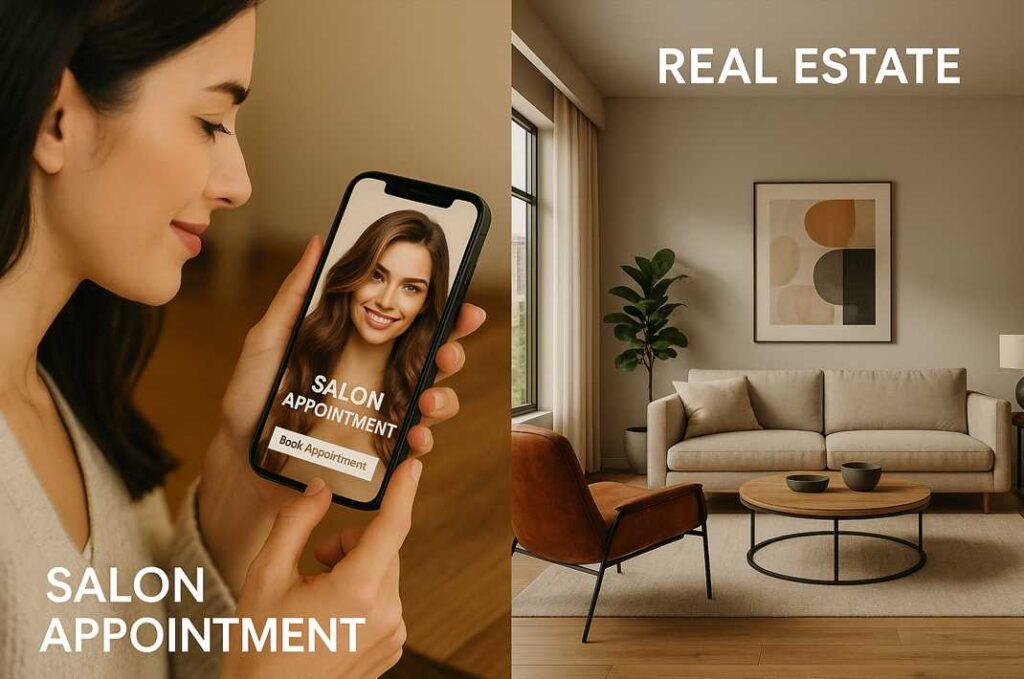 左側にスマホでサロン予約をする女性、右側に洗練されたリビングルームのCG風不動産イメージが表示された、画像生成AIの活用例を示すシーン