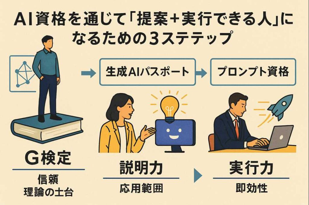 AI資格を通じて『提案+実行できる人』になるための3ステップを示す横長ポスター。G検定、生成AIパスポート、プロンプト資格がそれぞれ信頼・説明力・実行力を象徴。