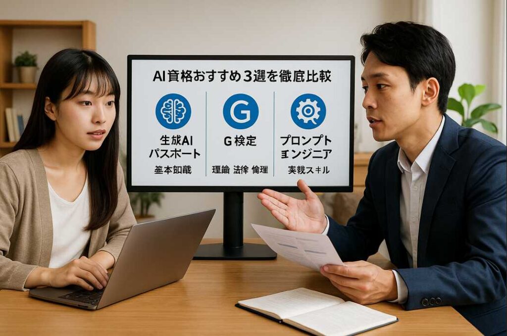 自宅デスクでAI資格3種を比較する日本人男女、生成AIパスポート・G検定・プロンプトエンジニアの違いを確認中
