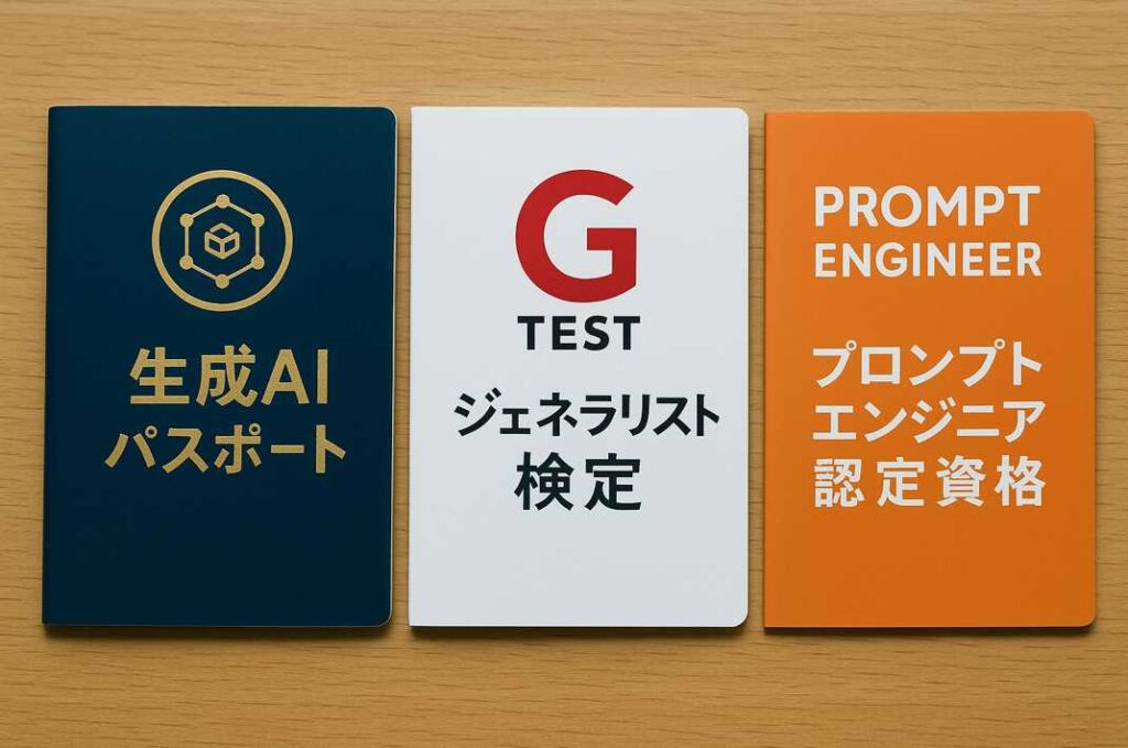 生成AIパスポート、G検定(ジェネラリスト検定)、プロンプトエンジニア認定資格の3種類の認定証が木目の机の上に並べて置かれている。