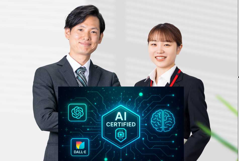 スーツ姿の男女2人のビジネスパーソンが笑顔で立ち、「AI CERTIFIED」と書かれた近未来的なサイバー風ロゴを前面に表示。ChatGPT、DALL-E、脳のアイコンが接続され、AI資格の象徴を表現。