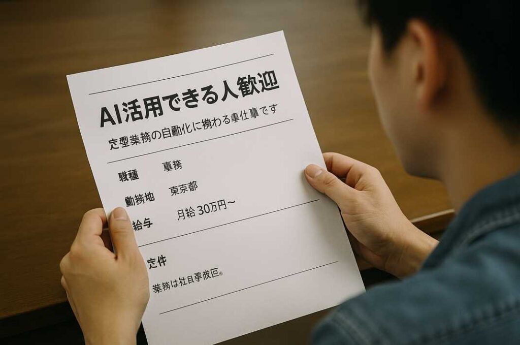 若い男性が「AI活用できる人歓迎」と書かれた求人票を手に取り、内容を見つめている様子。木製のデスクと落ち着いた雰囲気の室内背景。