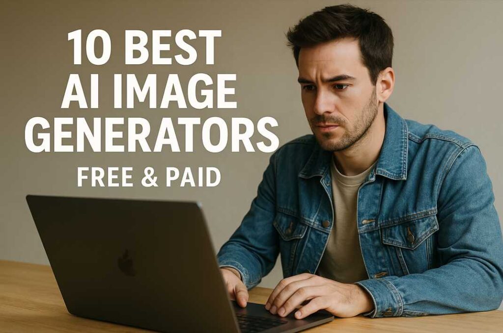 ノートパソコンの前で「10 BEST AI IMAGE GENERATORS」の一覧を調べながら真剣な表情で比較検討する若い男性