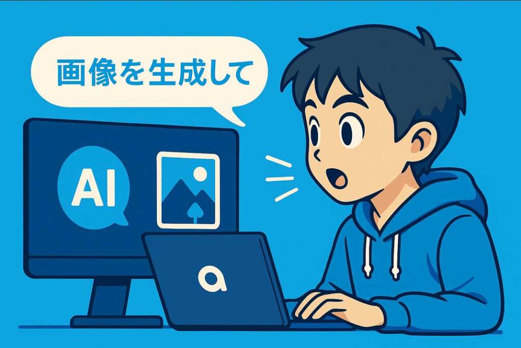 少年がAIパソコンに向かって「画像を生成して」と話しかける様子。モニターにはAIと風景のアイコンが表示され、直感的な操作を示している。