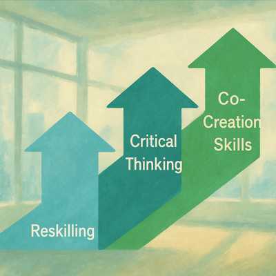 Reskilling、Critical Thinking、Co-Creation Skillsの3つの矢印が階段状に上昇するインフォグラフィック