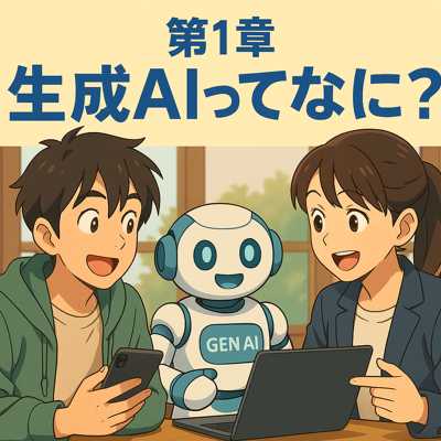 カフェ風の背景で、若い男女とロボットが「生成AIとは?」をテーマに楽しそうに会話しているアニメスタイルのイラスト。ノートパソコンとスマホを活用しながら学んでいる様子。
