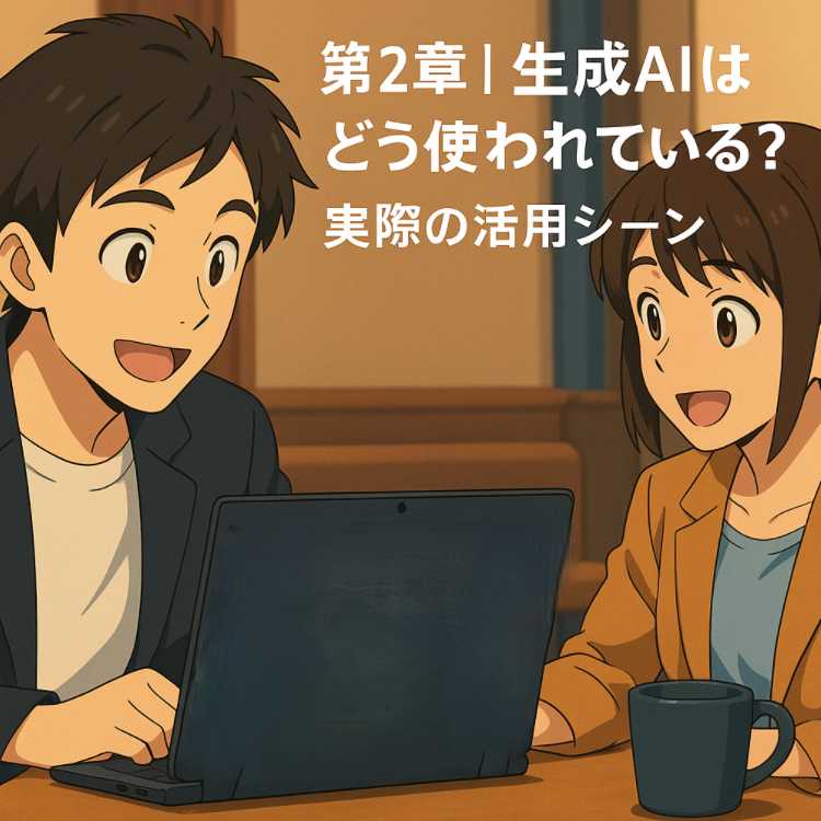 カフェ風の落ち着いた空間で、生成AIの活用シーンを議論する男女のアニメスタイルイラスト。ノートパソコンに表示されたグラフと真剣な表情が、実用的な会話の雰囲気を伝えている。
