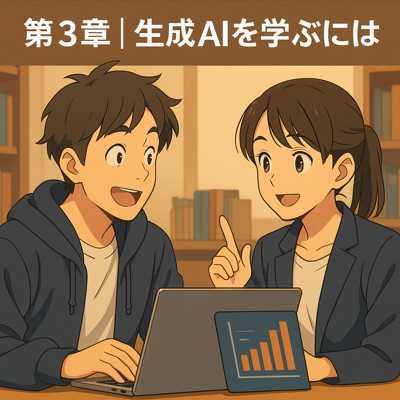 図書館の一角で、生成AIの学習について会話する若い男女のアニメスタイルイラスト。パソコン画面にグラフが表示されており、見出し文字は控えめに配置されている。