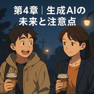 夜道を歩きながら、生成AIの未来とリスクについて語り合う若い男女のアニメ風イラスト。手にはコーヒーを持ち、表情には真剣さと親しみが混ざる。