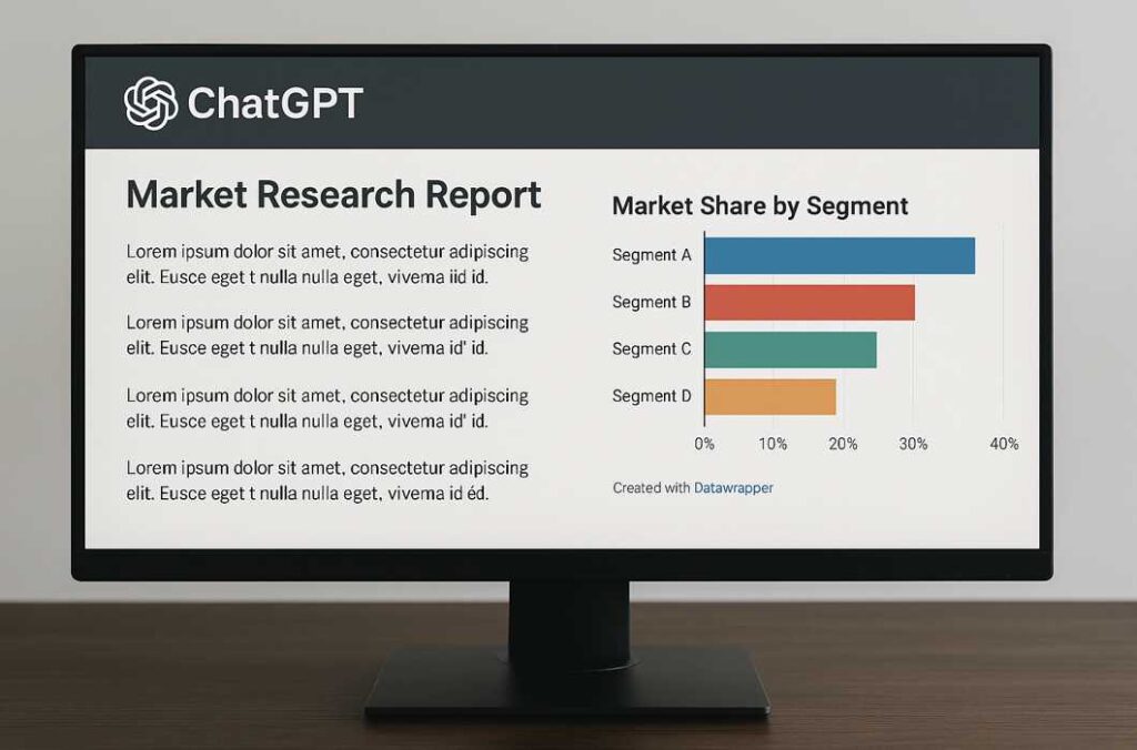 ChatGPTとDatawrapperで自動生成された市場調査レポートがディスプレイに映し出されている様子