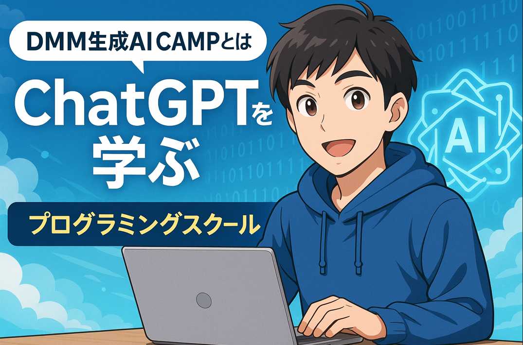 DMM生成AI CAMPの受講風景。ChatGPTを学ぶ青年がノートPCを操作中。
