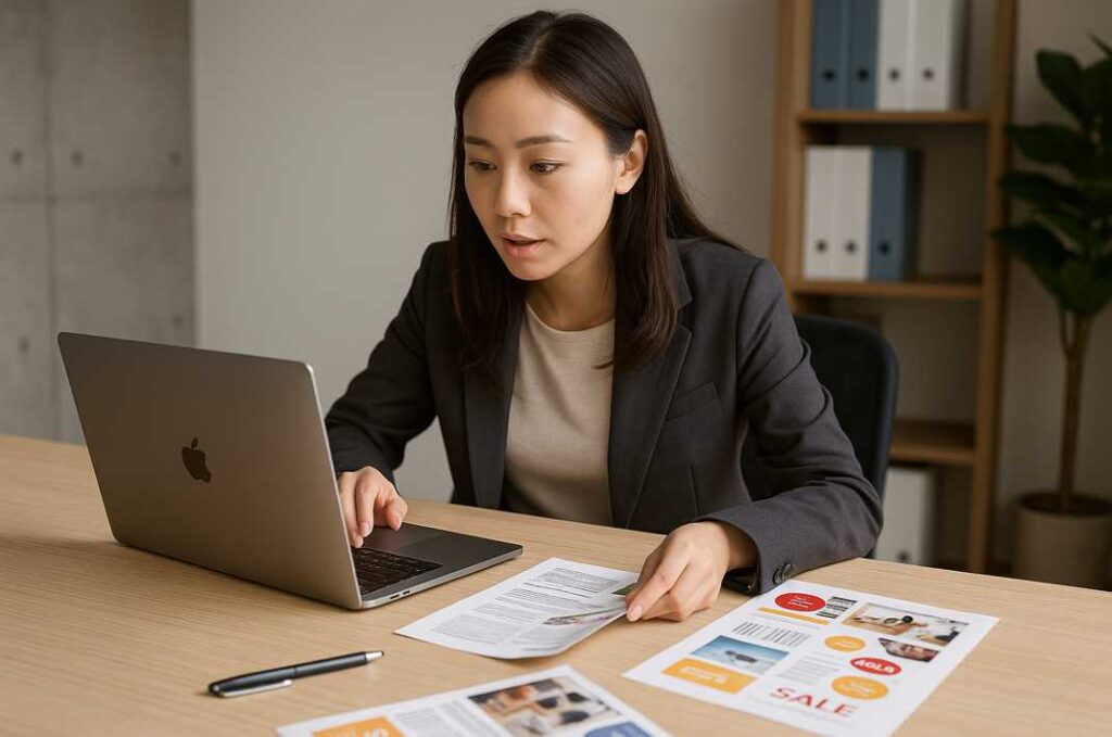 若い女性が販促チラシを見ながら、ChatGPTで販売戦略を考えている様子。資料に目を通しながらPC画面に集中し、真剣な表情で業務に取り組んでいる。