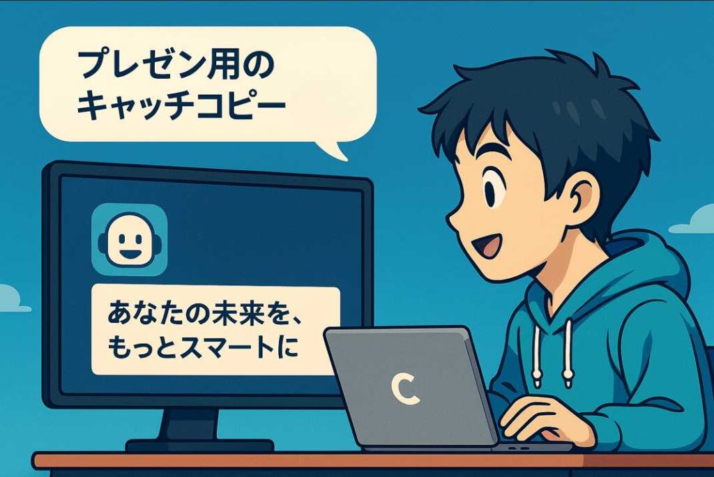 少年が「プレゼン用のキャッチコピー考えて」とAIに話しかけ、パソコン画面に「あなたの未来を、もっとスマートに」と表示された様子。嬉しそうな表情で結果を見ている。
