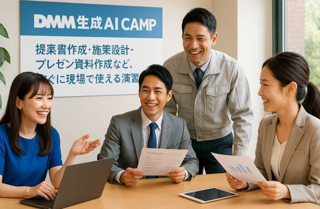 オフィスで若手社員たちが提案書やプレゼン資料の作成演習に取り組み、楽しげに意見交換している様子。生成AIの活用を交えた実践的な学習風景。