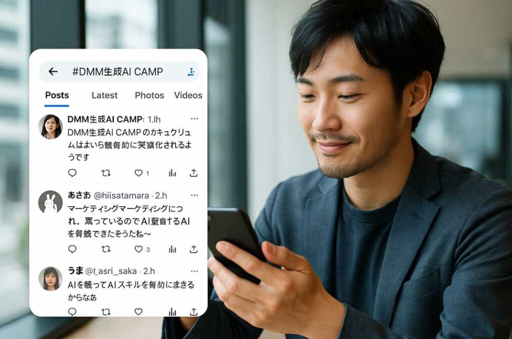 若い男性がスマホで「#DMM生成AI CAMP」のリアルな口コミを閲覧している様子