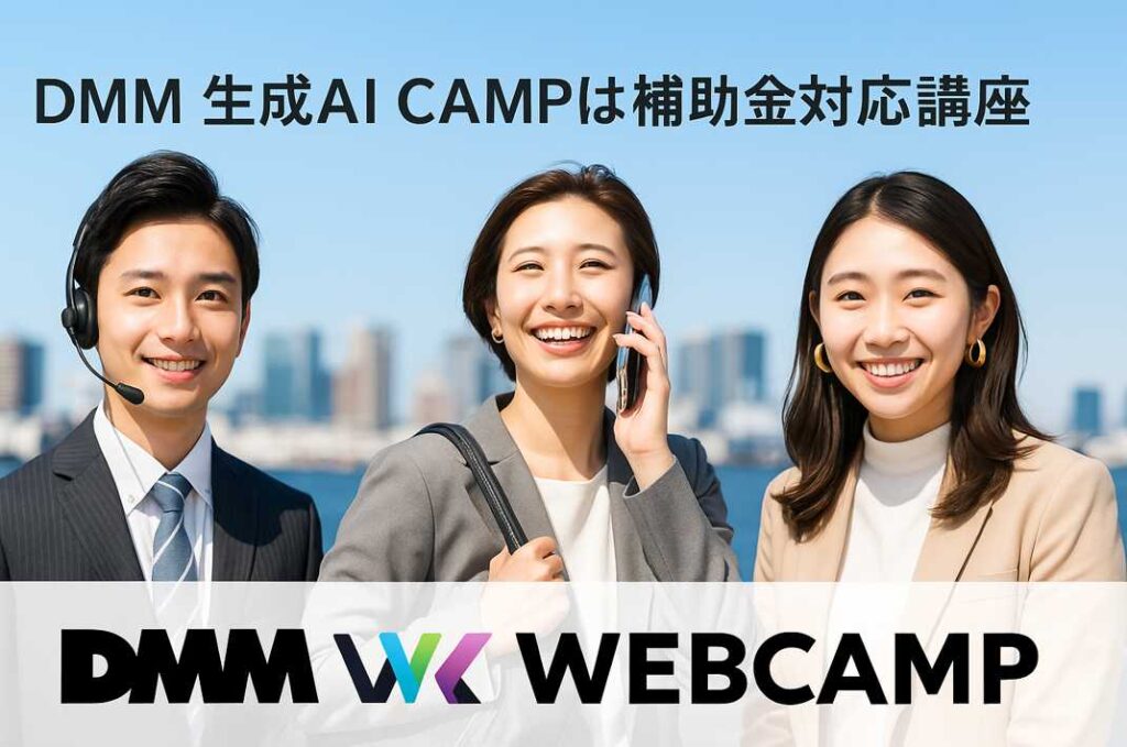 青空の下、都市のビル群を背景にスーツ姿の若手社会人3名が並び、笑顔でキャリア支援講座について紹介している様子。補助金対応の安心感が伝わる。