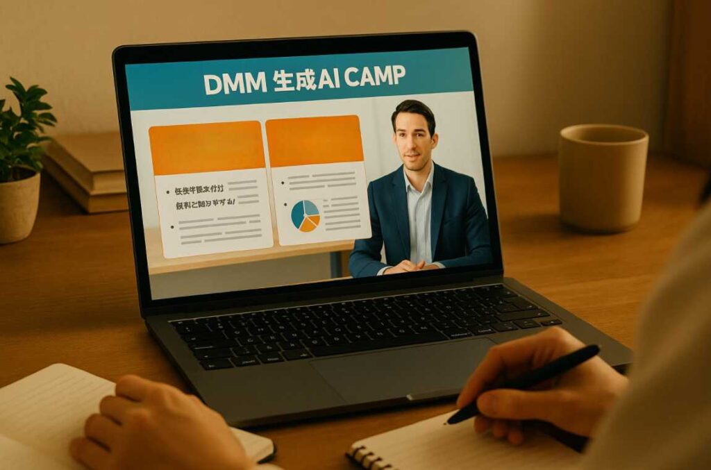 DMM生成AI CAMPのオンライン講座を受講する様子。ノートパソコンの画面には「資格試験対策のコンテンツ」と「社内導入に向けた資料作成テンプレ」が表示され、受講者の手元にはノートとペンがある。