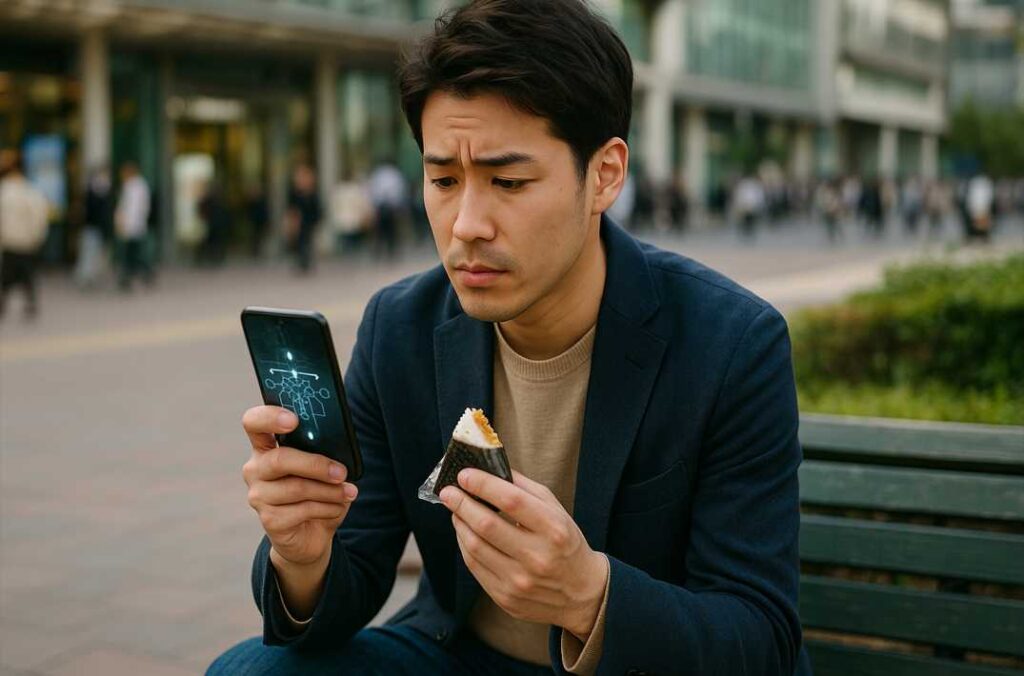 駅前ベンチでおにぎりを食べながら量子コンピュータを調べる若い男性