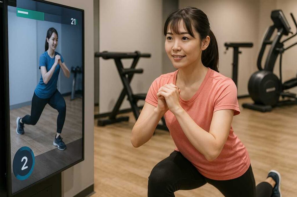 AIトレーナーの画面を見ながら、ジムでトレーニングする若い日本人女性の様子
