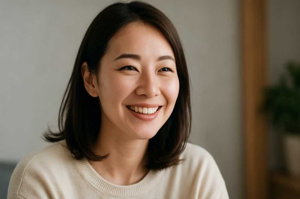 安心した表情でほほ笑む若い日本人女性が、室内で読者として記事を理解した様子を表現している