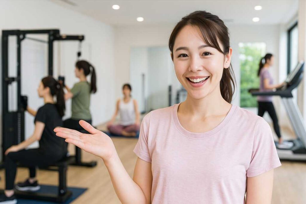 モダンなジム内で、明るい表情の日本人女性が手を差し出しながら読者に無料体験をすすめている様子