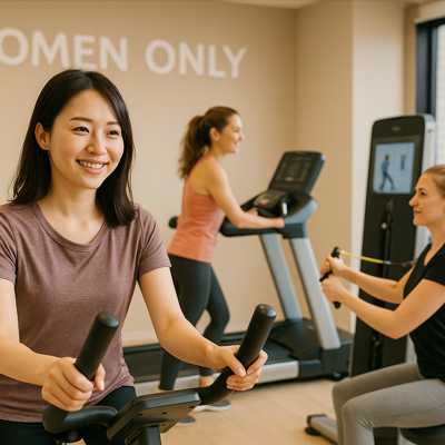 広々とした明るい女性専用ジムで、複数の女性たちが各自のペースでトレーニングしている様子