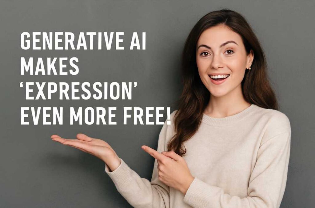 ベージュのセーターを着た女性が「GENERATIVE AI MAKES 'EXPRESSION' EVEN MORE FREE!」というメッセージを背景に、読者に明るく語りかけている様子