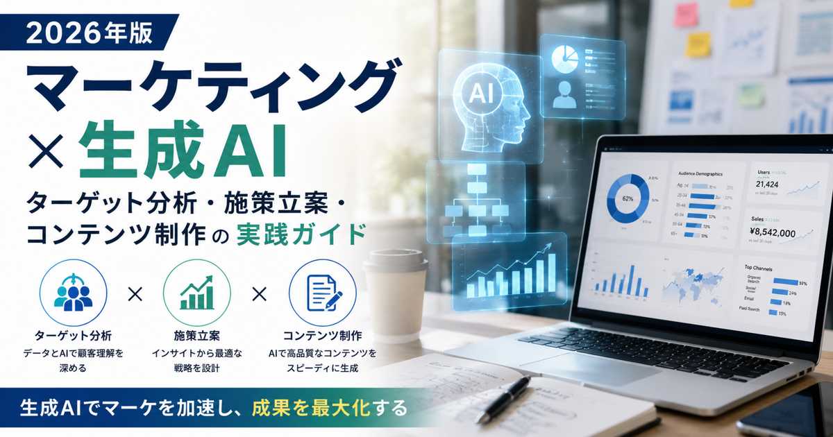 生成AIを活用したマーケティング分析や施策立案、コンテンツ制作を行うビジネスパーソンとAI分析ダッシュボード
