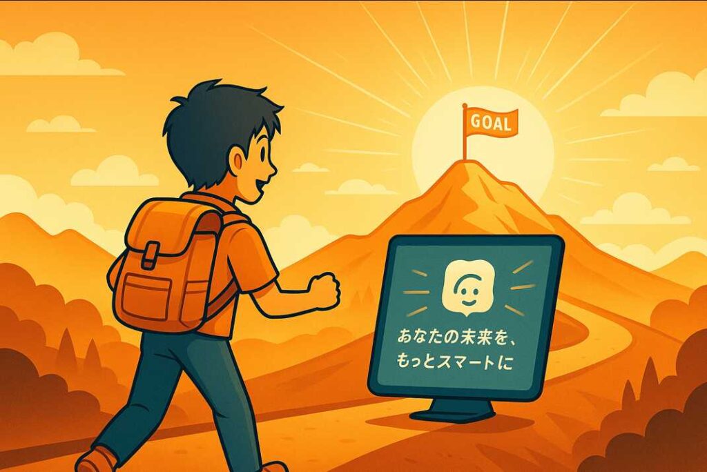 少年が明るいオレンジ色の山道を登り、山頂に掲げられた「GOAL」の旗と輝く太陽を目指して歩いている様子。途中の画面には「あなたの未来を、もっとスマートに」というキャッチコピーが表示されている。