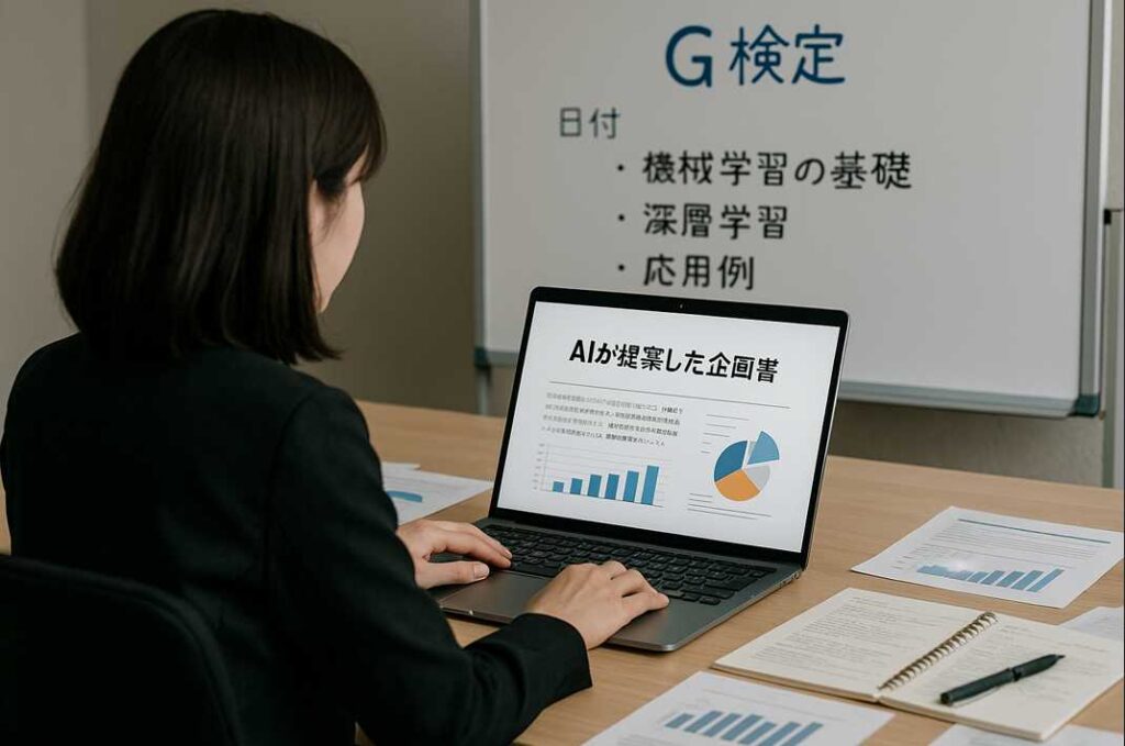 G検定の学習を活かしてAI提案の企画書を効率的に作成する女性ビジネスパーソン