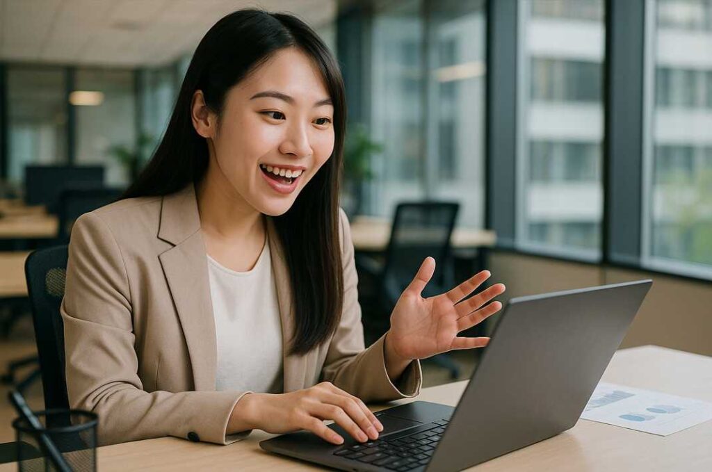 近代的なオフィスでAIの成果に驚く若い日本人女性がノートパソコンに向かって笑顔を見せている様子。